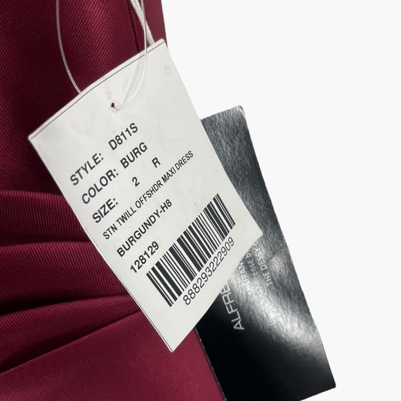 Alfred Sung Off the Shoulder Satin Maxi Dress in Burgundy‎ Red - Picture 6 of 9